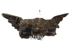 VTG MEXICO GUERRERO CARVED WOOD ANGEL TRIPLE HEAD With GLASS EYES MEXICAN FOLK ART