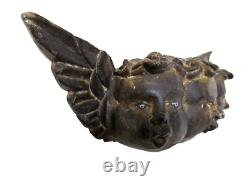 VTG MEXICO GUERRERO CARVED WOOD ANGEL TRIPLE HEAD With GLASS EYES MEXICAN FOLK ART