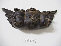 VTG MEXICO GUERRERO CARVED WOOD ANGEL TRIPLE HEAD With GLASS EYES MEXICAN FOLK ART