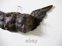 VTG MEXICO GUERRERO CARVED WOOD ANGEL TRIPLE HEAD With GLASS EYES MEXICAN FOLK ART