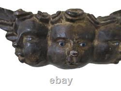 VTG MEXICO GUERRERO CARVED WOOD ANGEL TRIPLE HEAD With GLASS EYES MEXICAN FOLK ART