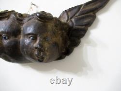 VTG MEXICO GUERRERO CARVED WOOD ANGEL TRIPLE HEAD With GLASS EYES MEXICAN FOLK ART