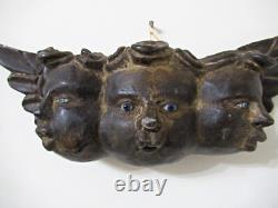 VTG MEXICO GUERRERO CARVED WOOD ANGEL TRIPLE HEAD With GLASS EYES MEXICAN FOLK ART
