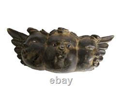 VTG MEXICO GUERRERO CARVED WOOD ANGEL TRIPLE HEAD With GLASS EYES MEXICAN FOLK ART