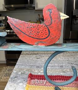 VTG Primitive Folk Art Carved Red Painted Birds Metal Candleholder Candelabra