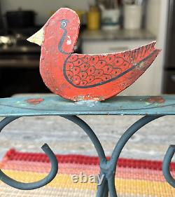 VTG Primitive Folk Art Carved Red Painted Birds Metal Candleholder Candelabra