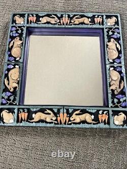 VTG Signed Animal Folk Art Hand Painted Carved Wood Rabbit Frame Wall Mirror Set