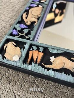 VTG Signed Animal Folk Art Hand Painted Carved Wood Rabbit Frame Wall Mirror Set