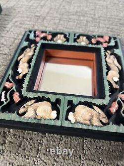 VTG Signed Animal Folk Art Hand Painted Carved Wood Rabbit Frame Wall Mirror Set