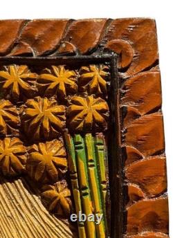 VTG Wall Folk Art Tropical Village Farm Hand Carved Painted Wood High Relief