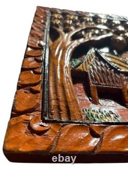 VTG Wall Folk Art Tropical Village Farm Hand Carved Painted Wood High Relief