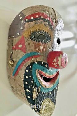 Very Old Clown Payaso Handpainted Carved Wood Mask Folk Art Dancing Mexico