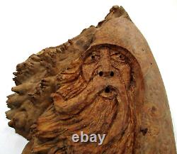 Vintage'05 Signed Jack Leslin Hand Carved Wood Folk Art Tree Spirit Wizard Face