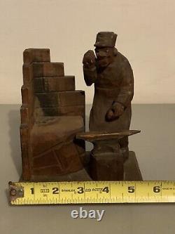 Vintage 1920s Wood Carved Blacksmith Figurine Signed