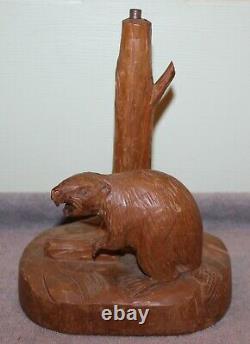 Vintage 1940's Clemente Dube Folk Art Carved Beaver Lamp Quebec