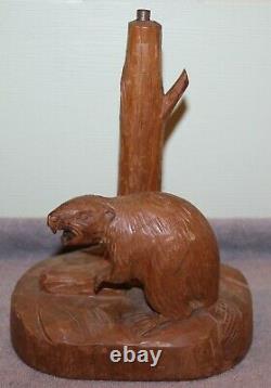 Vintage 1940's Clemente Dube Folk Art Carved Beaver Lamp Quebec