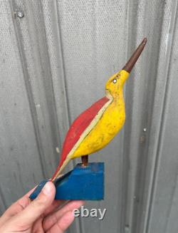 Vintage 1960s Folk Art Carved Wood Bird Sculpture Colorful Outsider Art