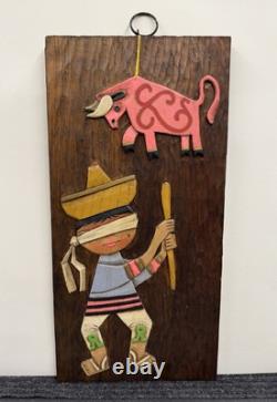 Vintage 1970s Carved Wood Relief Boy & Piñata Pinata Mexican Folk Art Wall Panel