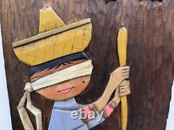 Vintage 1970s Carved Wood Relief Boy & Piñata Pinata Mexican Folk Art Wall Panel