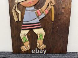 Vintage 1970s Carved Wood Relief Boy & Piñata Pinata Mexican Folk Art Wall Panel