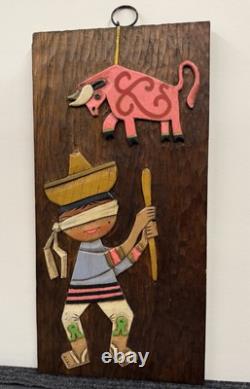 Vintage 1970s Carved Wood Relief Boy & Piñata Pinata Mexican Folk Art Wall Panel