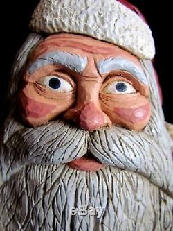 Vintage 1986 Jack Hughes Folk Art Carving Christmas Santa Candle Holder Signed