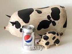 Vintage 1987 Artist Signed Tate Hand Carved Wood Painted Folk Art Farm Mom Pig