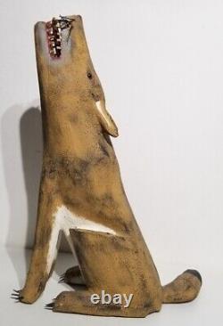 Vintage 1988 Ron Archuleta Rodriguez Folk Art Wood Carved Howling Wolf Sculpture