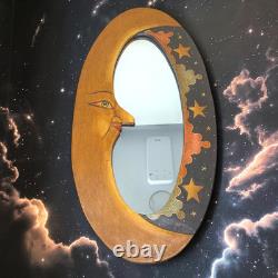 Vintage 1990's Carved Wood Moon Mirror Celestial Folk Art Face Stars Clouds 23