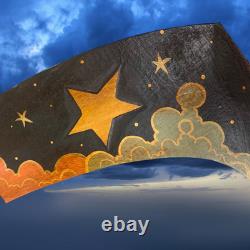 Vintage 1990's Carved Wood Moon Mirror Celestial Folk Art Face Stars Clouds 23