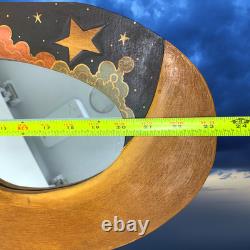Vintage 1990's Carved Wood Moon Mirror Celestial Folk Art Face Stars Clouds 23