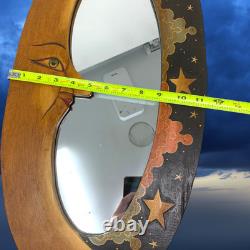 Vintage 1990's Carved Wood Moon Mirror Celestial Folk Art Face Stars Clouds 23