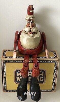 Vintage 1994 BJ Jones Hand Carved Wood Painted Jointed Folk Art Sitting Santa