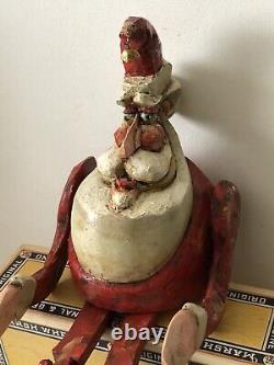 Vintage 1994 BJ Jones Hand Carved Wood Painted Jointed Folk Art Sitting Santa