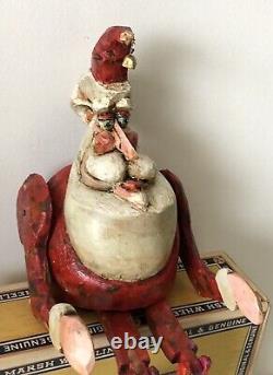 Vintage 1994 BJ Jones Hand Carved Wood Painted Jointed Folk Art Sitting Santa