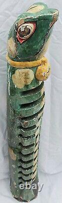 Vintage 32 Folk Art Wood Carved OOAK Handmade Lizard Gecko Frog Totem CD Holder