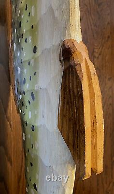 Vintage 49.5 Long Folk Art Hand Carved And Painted Trout Fish Wooden Sculpture