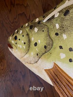 Vintage 49.5 Long Folk Art Hand Carved And Painted Trout Fish Wooden Sculpture