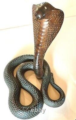 Vintage 70s Carved Wooden Snake from India 16 Tall Folk Art Creepy Impressive