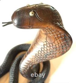 Vintage 70s Carved Wooden Snake from India 16 Tall Folk Art Creepy Impressive
