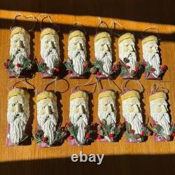 Vintage 8x3 Hand carved Folk Art Whimsical Santa Claus Ornaments- Set Of 12