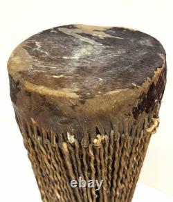 Vintage African Hand Carved Wood Drum Animal Hide Tribal Folk Art 12 Inch