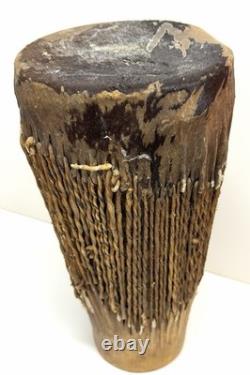 Vintage African Hand Carved Wood Drum Animal Hide Tribal Folk Art 12 Inch