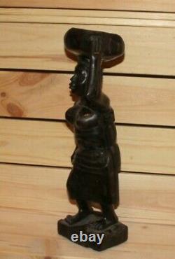 Vintage African hand carving wood statuette woman carry vessel on her head