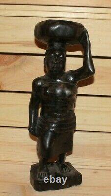 Vintage African hand carving wood statuette woman carry vessel on her head