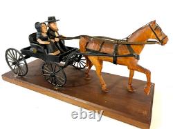 Vintage American Folk Art Carving Amish Couple Driving Horse & Buggy, 1930-50s