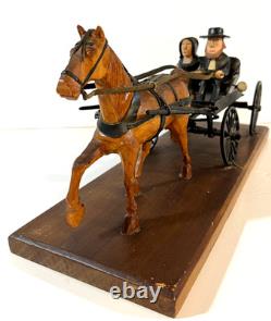 Vintage American Folk Art Carving Amish Couple Driving Horse & Buggy, 1930-50s