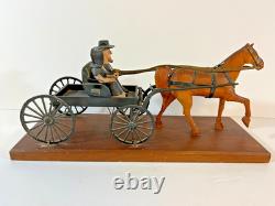 Vintage American Folk Art Carving Amish Couple Driving Horse & Buggy, 1930-50s