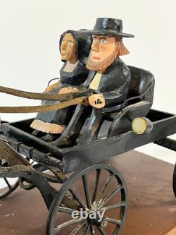 Vintage American Folk Art Carving Amish Couple Driving Horse & Buggy, 1930-50s