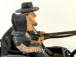 Vintage American Folk Art Carving Amish Couple Driving Horse & Buggy, 1930-50s